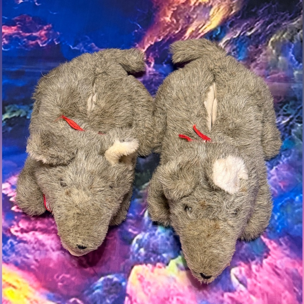 Cozy Gray & White Animal Slippers with Red Bandanna Around Animal Neck